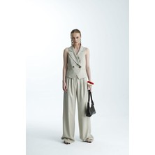 Gaca Collection Wonita Bej Blazer Yaka Yelek ve Palazzo Pantolon Takım
