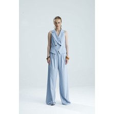 Gaca Collection Wonita Açık Mavi Blazer Yaka Yelek ve Palazzo Pantolon Takım