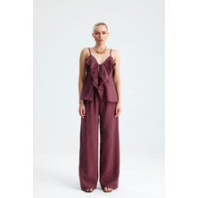 Gaca Collection Lavanda Ön Volanlı Bağcıklı Bluz ve Pantolon Mürdüm Takım