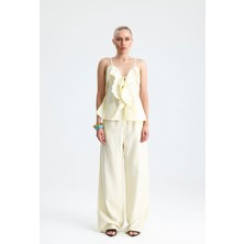 Gaca Collection Lavanda Ön Volanlı Bağcıklı Bluz ve Pantolon Sarı Takım