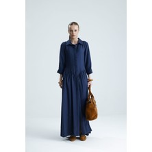 Gaca Collection Ofre Ön Düğmeli Indigo Kuşaklı Uzun Elbise