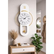 Tech Butiq Hareketli Sarkaç Duvar Saati Cam Yüzeyli Metal Halkalı 70CM Beyaz Gold