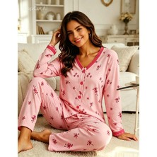 NiCe İç Giyim Kadın Pembe Çiçek Desenli Uzun Kollu Düğmeli Dantel Detaylı Pijama Takımı Rahat Ev Giyim