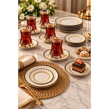 Beny Store 18 Parça 6 Kişilik Gold Detaylı Çizgili Çay ve Tatlı Seti – 6 Çay Bardağı, 6 Çay Tabağı, 6 Pasta Tabağı