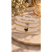 Trendy Chic 3 Adet Gold Renk Siyah Kelebek Charmlı Bileklik