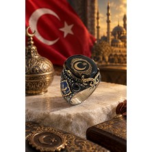 Siset Gümüş 925 Ayar  Kehribar  Taşlı  Ay  Yıldız Erkek  Gümüş  Yüzük