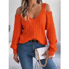Trend Metkar Kadın Uzun Kollu Omuzlardan Açık V Yakalı Triko Bluz