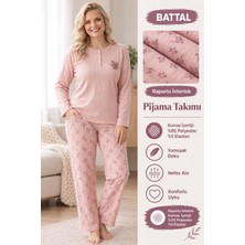 Lindros Kadın Düğme Yaka Raporlu Interlok Kışlık Battal Pijama Takımı 03017 - 1 Adet