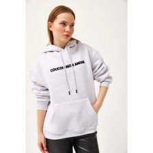Juuuj Gri Pamuklu Karışım Kapüşonlu Düşük Omuz Oversize Kanguru Cepli Sweatshirt