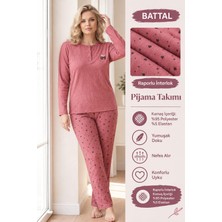 Lindros Kadın Düğme Yaka Raporlu Interlok Kışlık Battal Pijama Takımı 03015 - 1 Adet