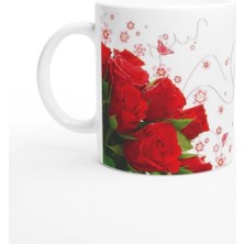 Meschain Romantik Kırmızı Gül Desenli Kupa Bardak