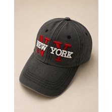 Juuuj Antrasit Kot Yıkamalı New York Yazı Baskılı Ayarlanabilir Siperli Spor Denim Şapka