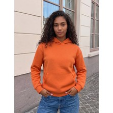 Juuuj Turuncu Üç Iplik Şardonlu Kumaş Kapişonlu Yaka Esnek Dokulu Kanguru Cepli Sweatshirt