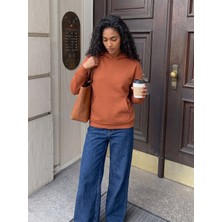 Juuuj Kiremit Üç Iplik Şardonlu Esnek Dokulu Kanguru Cepli Kapüşonlu Uzun Kollu Sweatshirt