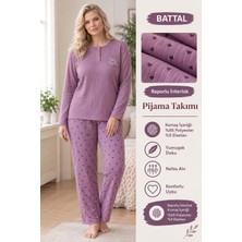Lindros Kadın Düğme Yaka Raporlu Interlok Kışlık Battal Pijama Takımı 02788 - 1 Adet