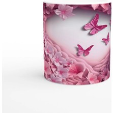 Meschain Pembe Çiçekler ve Kelebeklerle Bezeli Romantik Baskılı Kupa Bardak