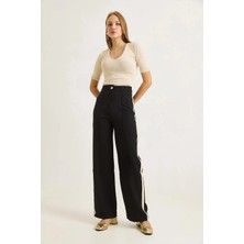 Juuuj Siyah Polyester Kumaş Yüksek Bel Bol Paça Yanları Şerit Detaylı Rahat Kesim Pantolon