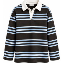 Juuuj Kahverengi Pamuklu Karışım Polo Yaka Düşük Omuz Çizgili Uzun Kollu Rahat Form Sweatshirt