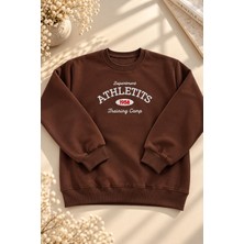 Juuuj Kahverengi Üç Iplik Şardonlu Bisiklet Yaka Rahat Kesim Yazı Nakış Detaylı Sweatshirt