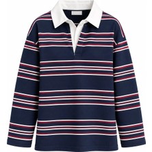 Juuuj Lacivert Pamuklu Karışım Polo Yaka Düşük Omuz Rahat Kesim Çizgili Detaylı Sweatshirt