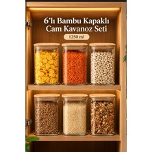 Porsima 6-3 Bambu Vakumlu Kapaklı Kare Borsilikat Cam 6lı Kavanoz Seti Saklama Kabı 1250ML 9,5X15CM