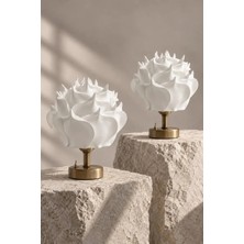 Maison Avf 2'li Dekor Yapay Eva Gül Kablosuz Masa Lambası Üst Beyaz-Alt Eskitme Gold (9V Kare Pil) (2 Adet)