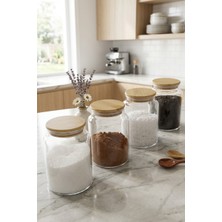 Öz-Home 4'lü Vakumlu Bambu Kapaklı Cam Saklama/düzenleme Kavanozu 800 ml