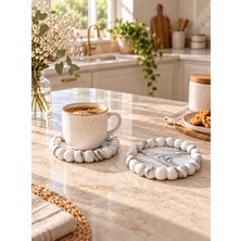 Betonmall Dekoratif 2'li Bardak Altlığı Yuvarlak Boncuk Kenarlı Çay Kahve Fincan Kupa Sunum Altlığı