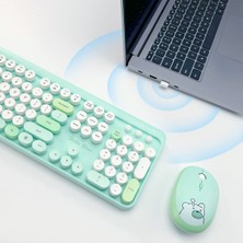 Geezer Hello Bear Kablosuz Klavye Mouse Seti 2.4g Sevimli Ayıcık Desenli Yuvarlak Tuşlu 104 Tuş Renkli Set