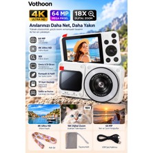 4K Dijital Fotoğraf Makinesi 18X Dijital Zoom 64 Mp Ön ve Arka Ekranlı Kompakt Kamera Beyaz