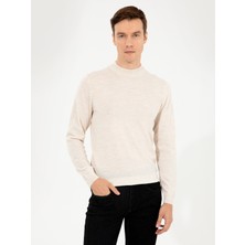 Cacharel Beige Slim Fit Quarter Turtleneck Basic Knit Sweater