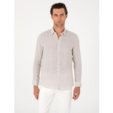 Cacharel Beige Regular Fit Checked 100% Linen Shirt
