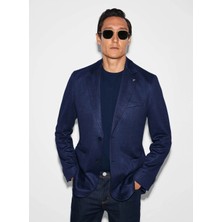 Cacharel Navy Slim Fit Micro Pattern Notch Lapel Linen Blend Blazer