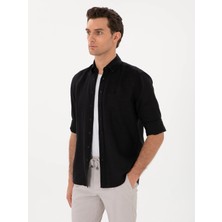 Cacharel Black Regular Fit %100 Linen Shirt