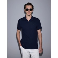 Cacharel Navy Slim Fit %100 Cotton Open Collar T-Shirt