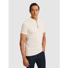 Cacharel Ecru Slim Fit Zip Polo Collar Pure Cotton Knit T-Shirt