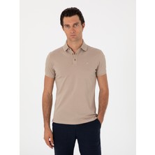Cacharel Dark Beige Slim Fit Polo Collar Cotton Basic T-Shirt