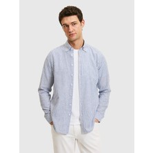 Cacharel Navy Regular Fit Linen Blend Button-Down Collar Striped Shirt
