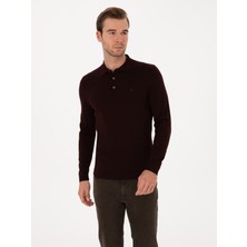 Cacharel Burgundy Slim Fit Wool Blend Polo Collar Basic Knit Sweater