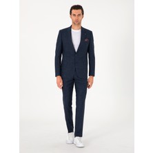 Cacharel Navy Slim Fit Wool Silk Blend Micro Patterned Suit