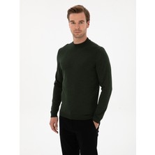 Cacharel Dark Green Slim Fit Wool Blend Low Mock Neck Basic Knit Sweater