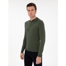Cacharel Khaki Slim Fit Wool Blend Polo Collar Basic Knit Sweater