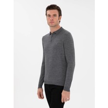 Cacharel Smoke Grey Slim Fit Wool Blend Polo Collar Basic Knit Sweater