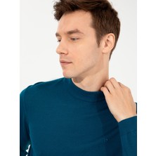 Cacharel Petrol Blue Slim Fit Mock Neck Basic Knit Sweater