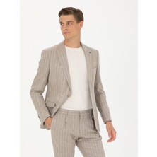 Cacharel Beige Slim Fit Wool Cashmere Blend Striped Classic Blazer