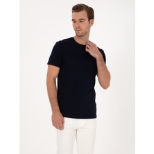 Cacharel Navy Slim Fit %100 Cotton Crew Neck Stripe Detail T-Shirt