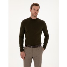 Cacharel Khaki Slim Fit Cotton Blend Low Mock Neck Basic Knit Sweater