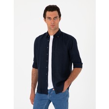 Cacharel Navy Regular Fit %100 Linen Shirt