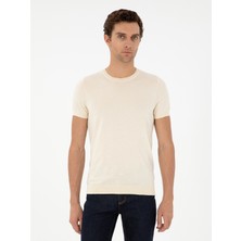 Cacharel Ecru Slim Fit Crew Neck %100 Cotton Knit T-Shirt