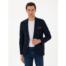 Cacharel Navy Slim Fit Wool Silk Blend Plaid Blazer